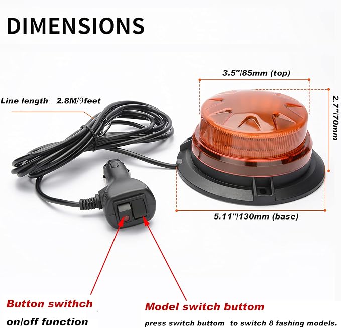 Amber Yellow Led Emergency Strobe Beacon Lights for Car 12V 24V 24-LEDs | Magnetic Mount, 8 Flash Model, Warning Safety Flashing, Rooftop Signal Lamp for Forklife Construction Truck Tractor Golf SUV