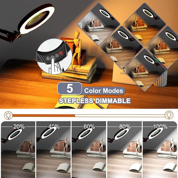 12X Magnifying Glass with Light and Stand, Upgrade Button 5 Color Modes Stepless Dimmable, 2-in-1 LED Lighted Magnifier Light, Hands Free Desk Lamp with Clamp for Craft Hobby Close Work - Green