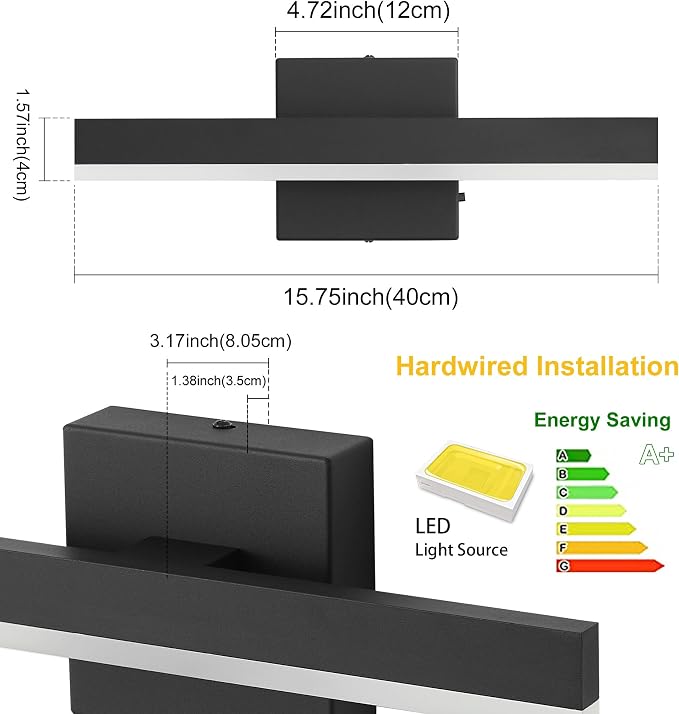 Black Bathroom Vanity Light Fixture 15.7'' 20W Dimmable 5CCT LED Hardwired | Bathroom Light Fixture Over Mirror, Bathroom Wall Sconce, Rust-resistant, ETL Certificated, 2700K/3000K/3500K/4000K/5000K