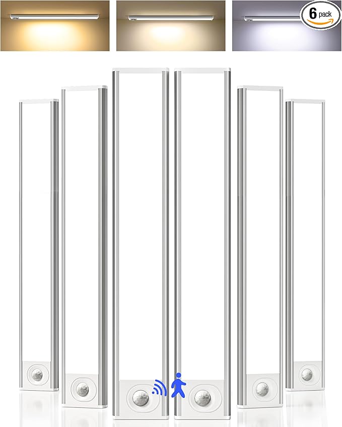 6-Pack Under Cabinet Lighting Wireless, LED Motion Sensor Light Indoor, Rechargeable Closet Lights Battery Operated, Dimmable & 3 Color Temps, Under Counter Lights for Kitchen, Stairs(14inch)