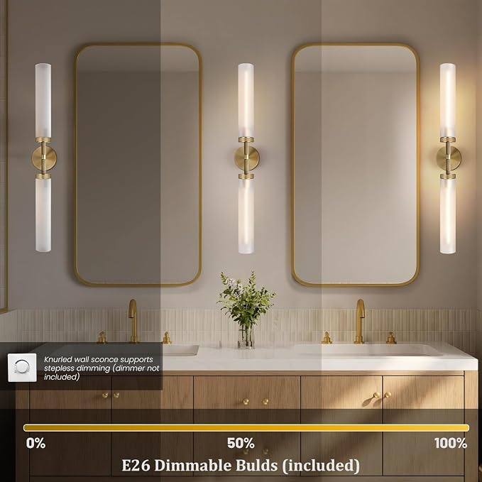 2Pc 30" Knurled Brass 2 Light Wall Sconces, Long Modern Hardwired Bathroom Vanity Light, Frosted Glass Tube Linear Wall Light Fixtures, for Mirror,Bedroom,Living Room,Hallway
