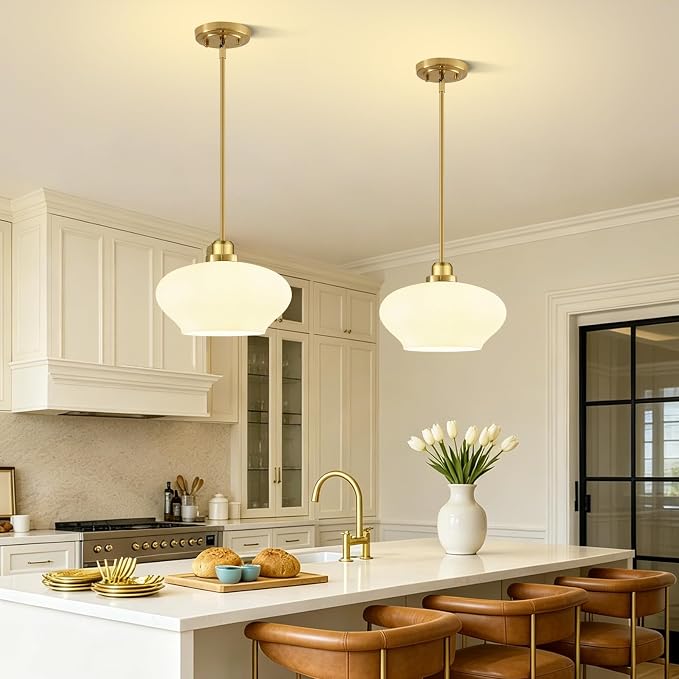 Modern Pendant Lights Kitchen Island, Brushed Gold Pendant Light Fixtures with 11" Milk Glass Shade, Industrial Hanging Pendant Lights Fixture for Kitchen Island Dining Room Bedroom Hallway Entryway