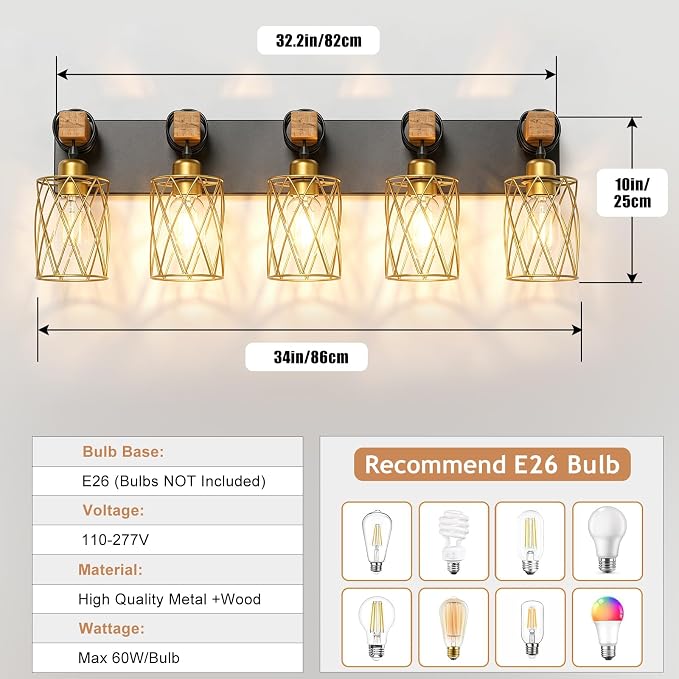 IZORRO Farmhouse Bathroom Vanity Light, 5-Light Wood Bathroom Light Fixtures Over Mirror, Black and Gold Industrial Vanity Lights with Metal Shade, Rustic Restroom Lighting Fixtures