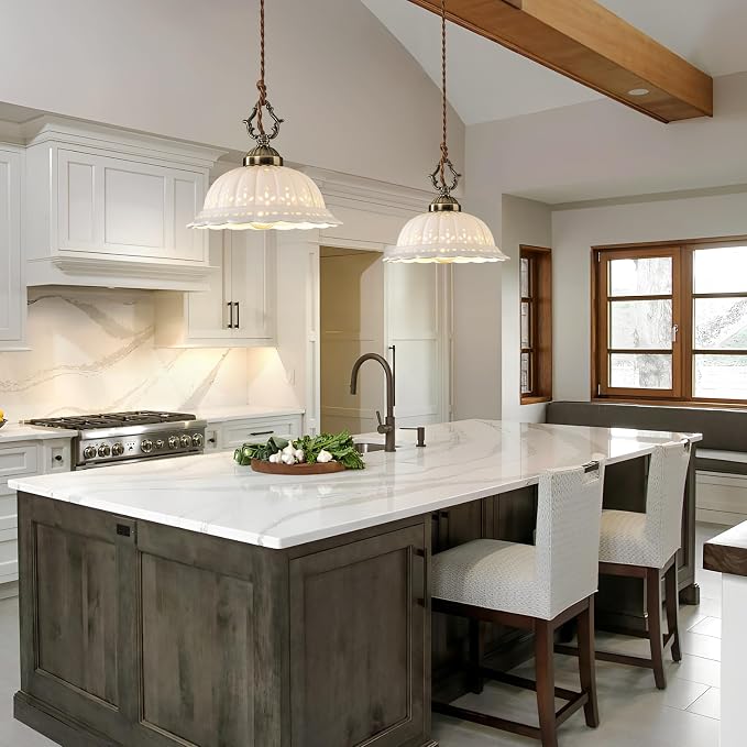 Ceramic Pendant Light 1-Light Adjustable Cord Industrial Ceiling Hanging Light Brass Vintage Chandelier for Kitchen Island Bar Dining Room Bedroom Foyer Hallway Farmhouse