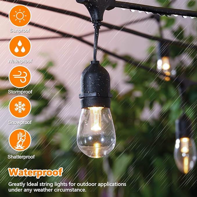 2-Pack 3 Color Dimmable LED Outdoor String Lights with Remotes | Warm White/Neutral White/Daylight, Waterproof, 96FT Hanging Lights with Shatterproof Edison Bulbs for Bistro Patio Backyard