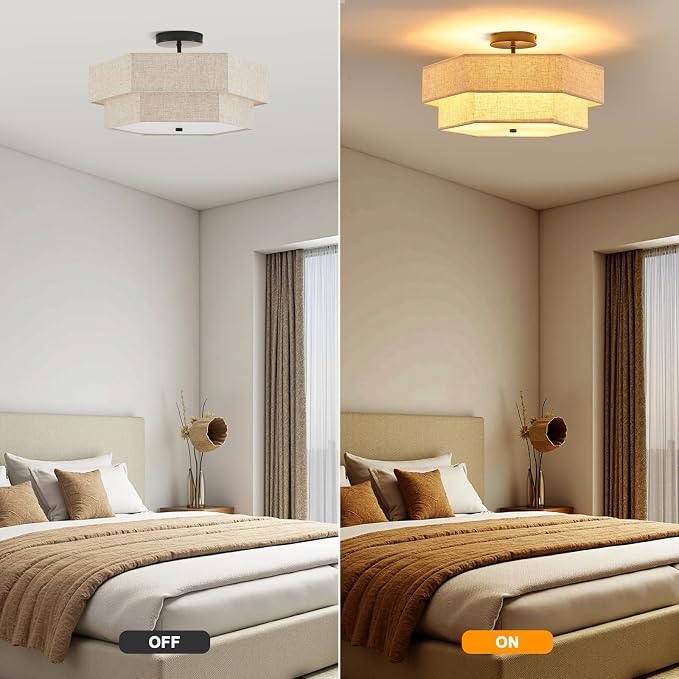18" Large Black Semi Flush Mount Ceiling Light, 3-Light Fixture | Beige Linen Double Hexagonal Shade, Modern Black Finish For Bedroom, Dining, Living, Hallway, Entryway; Close-To-Ceiling, E26