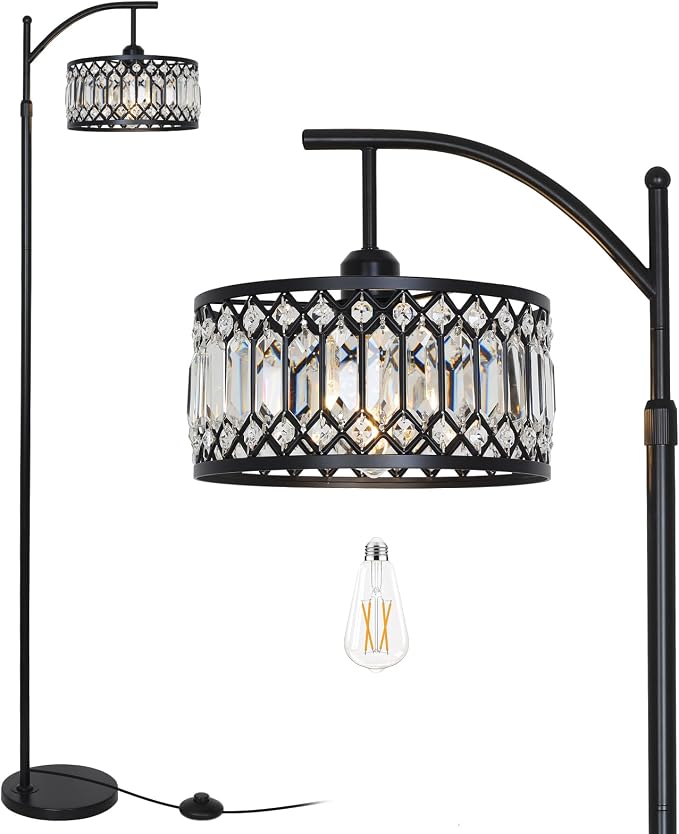 Crystal Floor Lamps for Living Room, Modern Arc Floor Lamp, Black Standing Lamp with Edison Bulb, Height Adjustable Tall Lamp for Bedroom, Corner Stand Up Lamp for Office, Arched Reading Light