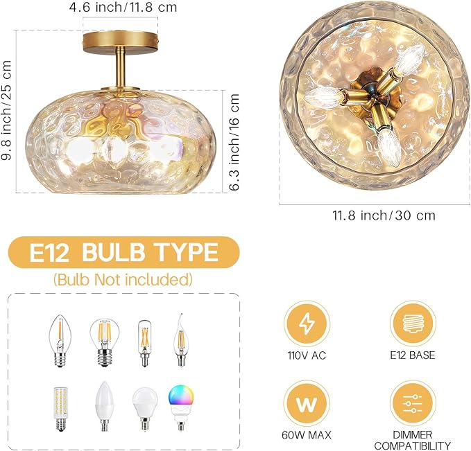 12" Vintage Rainbow Glass Ceiling Light, Mid Century 3-Light Semi Flush Mount Fixture, Modern Hammered Gold Lighting for Girls Bedroom, Hallway, Kitchen, Living Room