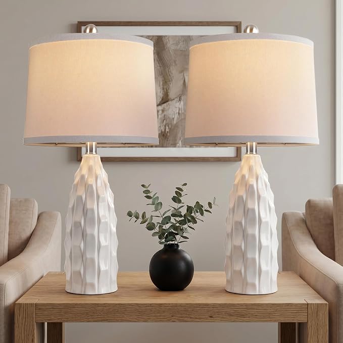 WIHTU 24" Ceramic Table Lamps Set of 2, Modern Nightstand Light, White | Linen Shade, 3 Color Temps, Farmhouse/Boho Style, Bedroom/Living Room/Office decor, Ideal Gifts, 2 Bulbs Included, E26 Base