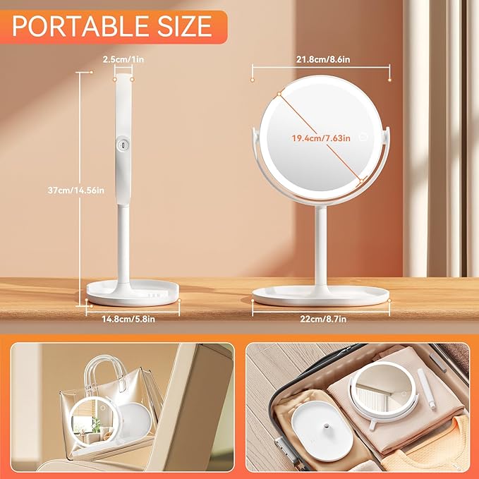Auxmir Makeup Mirror with Lights, Double Sided 30X/1X Magnifying Mirror with Light, 3 Color Stepless Dimmable with Touch Screen, Rechargeable 360° Free Standing Vanity Mirrors for Bathroom, Bedroom
