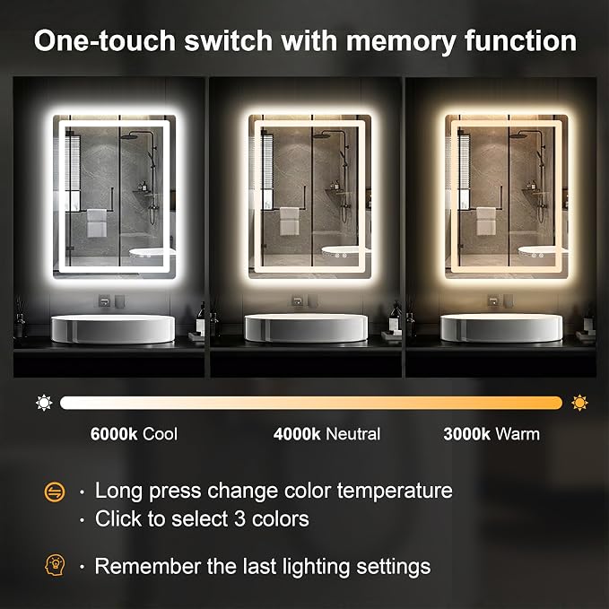 LED Bathroom Mirror with Lights, 24 x 32 Lighted Vanity Wall Mirror | Backlit and Frontlit, Anti-Fog, Dimmable 3 Colors, Shatter-Proof Tempered Glass, Memory Function, Plug-in/Hardwired
