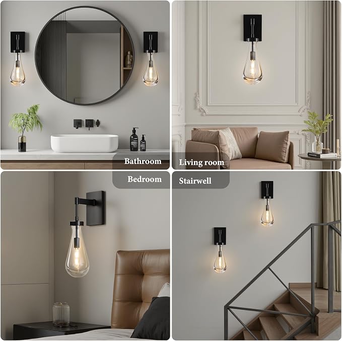 Raindrop Brass Crystal Wall Sconce: Set of 2 Modern Black Bathroom Lights | Clear Solid Sconces with Bulb, Dimmable Matte Vanity Lamp, Luxury Teardrop Lighting Fixture for Living Room Hallway Bedside