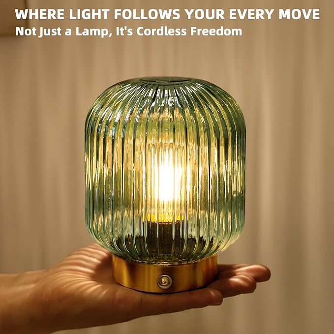 MJ PREMIER Rechargeable Table Lamp, Green Glass Lamp with Memory Function, Small Cordless LED Lamp with Dimmable Brightness, Decorative Touch Lamps for Bedroom Living Room (Green)