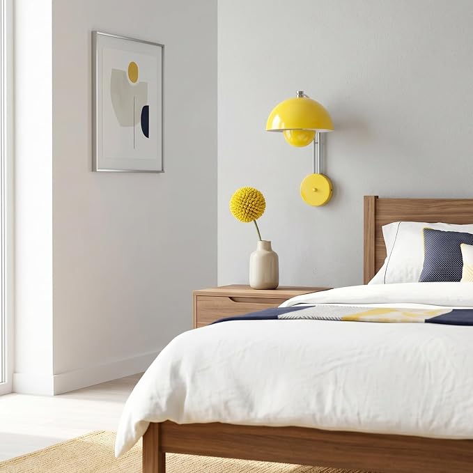 Mid-Century Modern Bud Plug in Wall Sconces for Bedroom, Lemon Yellow | Indirect lighting reading wall lamp, all-metal construction, plug-in or hardwired install, fits bedroom bedside, living room