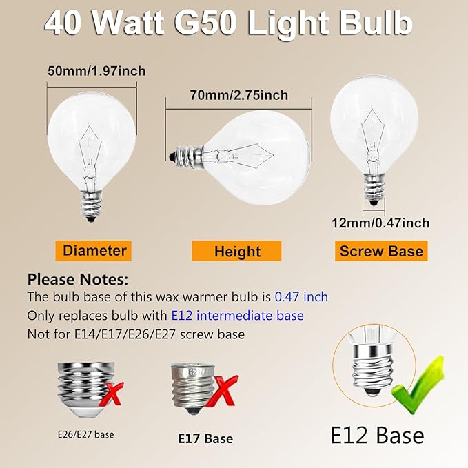 40 Watt E12 Candelabra Base Round Bulbs,G50 Light Bulbs for Full Size Scentsy Warmer,Chandelier,Decorative Vanity Lights,Ceiling Fans Lights,120V Dimmable Globe G16 1/2 Bulb,2700K Warm White,6 Pack