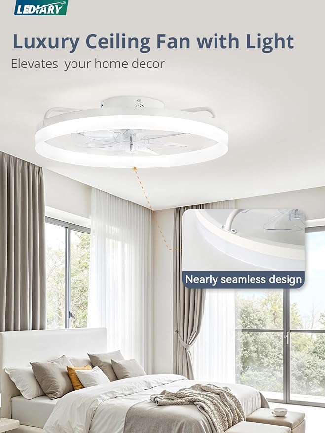 LEDIARY 20" Low Profile Ceiling Fans with Lights, APP & Remote, White | Flush Mount, Dimmable LED, Quiet DC Motor, Reversible, 6 Speeds, Fandelier, for Bedroom