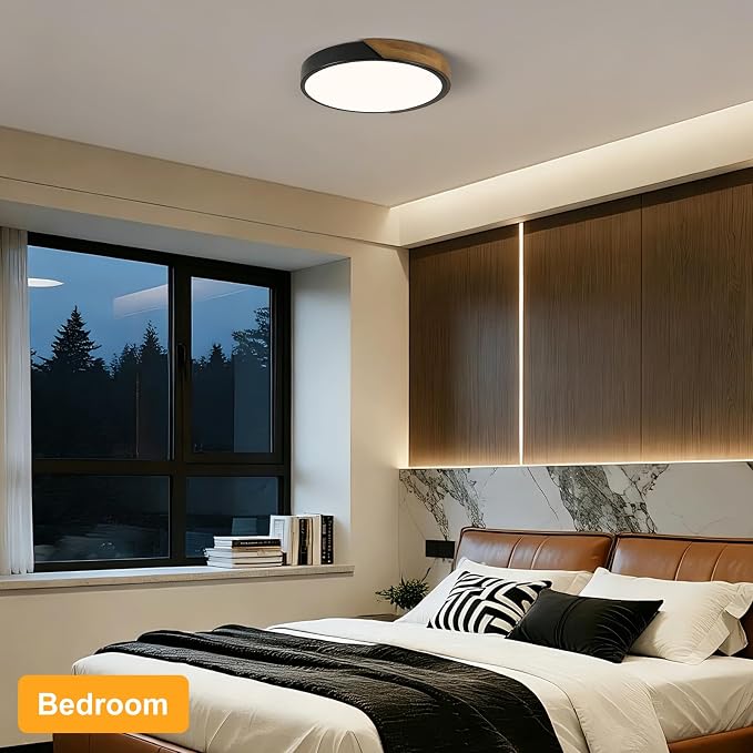 Modern LED Ceiling Light, Brown Walnut Wood Flush Mount Ceiling Light Fixture, 4000K Not Dimmable, Minimalist Circle Lighting Lamp with Acrylic Lampshade for Bedroom Laundry Room Hallway 11.8"