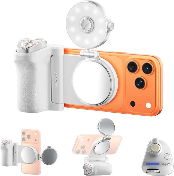 7RYMS 7Rig G1 Camera Grip & 7Lite L1 Selfie Light Creator Kit | Compatible with iPhone and Android. Perfect for Photography, Vlogging, Zoom Meeting, Selfies and Video Creation (White)