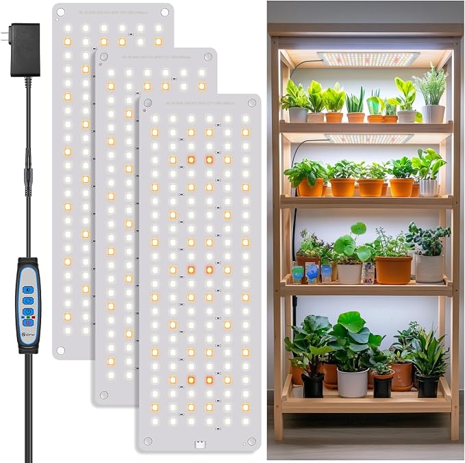 Aumtrly Grow Light 414 LED Full Spectrum, Slim Indoor Plant Lamp 3 Panel | for Seed Starting Growing, 6/12/16H Auto Timer, 5 Dimming Levels, 3 Light Modes, 2 Installation Methods, Use Under Shelves