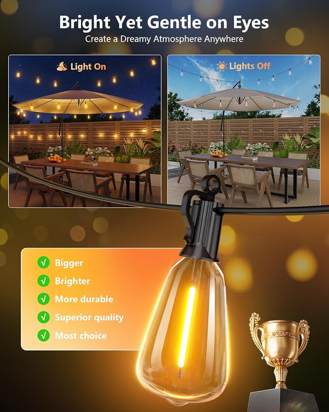 Brightown 52FT Solar String Lights Outdoor Waterproof with Remote, 15+1 LED Shatterproof Bulbs, Dimmable & Timable, 3 Light Modes - Commercial Grade Patio Lights for Garden Backyard Party Decor