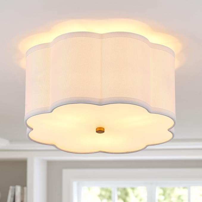 13" Gold Semi Flush Mount Ceiling Light, Linen 3-Light Fixture | White Linen Petal Shade, Modern Gold Style For Bedroom, Hallway,Dining, And Kitchen; Close-To-Ceiling, E26 Base, Easy Install