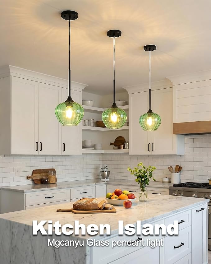 Green Pendant Lights Kitchen Island, 7.7" Vintage Glass Pendant Lighting Samll Adjustable Hanging Light Fixtures for Kitchen, Dining Room, Sink, Bathroom
