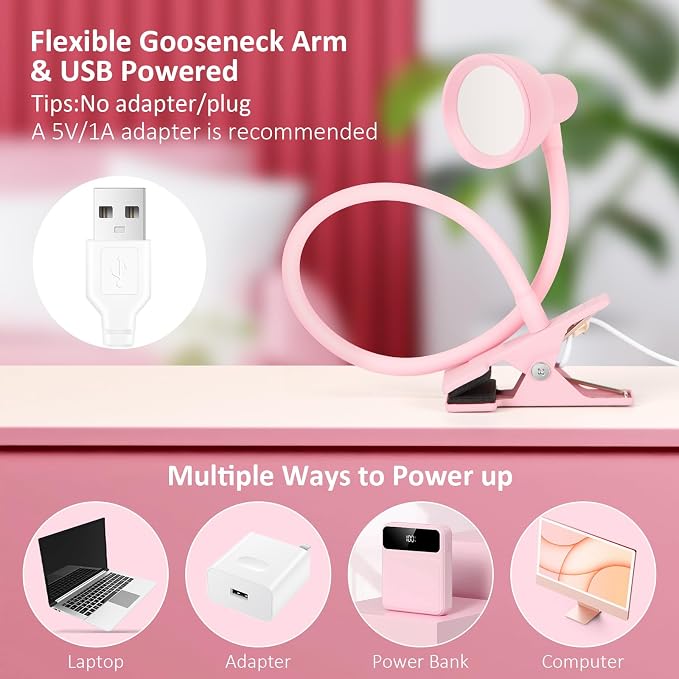 Pink Small Desk Lamp Clip on Reading Light for Bed 3 Colors | 10 Brightness Dimmable Flexible Gooseneck Clip on Light for Bed Headboard College Dorm Room