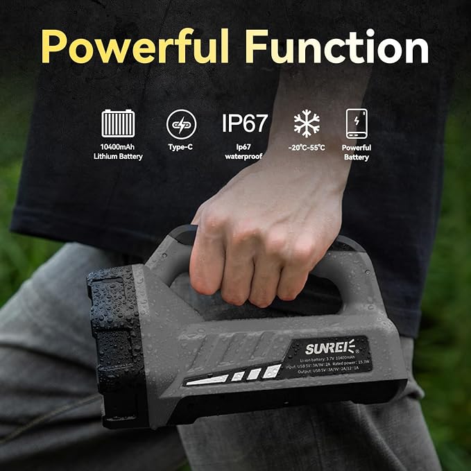 SUNREI 1500LM Rechargeable Box Flashlight, 10400mAh Emergency Lantern | IP67 Waterproof Portable Light with 8 Modes for Home Power Outages, Hurricane Emergencies, Outdoor Hiking & Camping