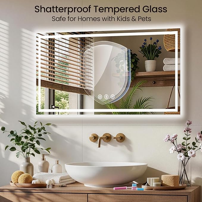 48x40 LED Bathroom Mirror with Anti-Fog, Backlit & Front Lit, Memory | Stepless Dimmable 3 Color CRI 95+ Shatterproof Tempered Glass ETL Listed for Safety Lighted Bathroom Vanity Mirror for Wall