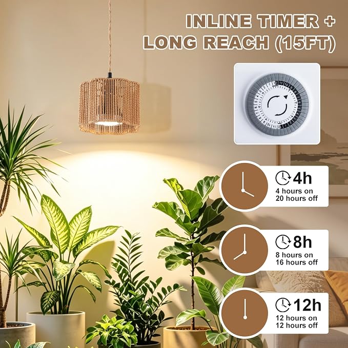 Hanging Grow Light, 30W LED Lamp with Timer for Indoor Plants | 4000K LED plant lamp with 15 ft cord, outlet timer, and boho paper rope shade for succulents, herbs, and low-light rooms.