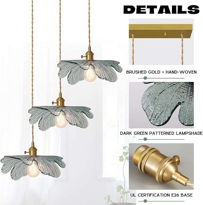 3-Light Mid Century Chandelier Dark Green Leaf Glass for Kitchen | Vintage cluster Pendant Light Fixtures, Hanging Lamp, E26 Gold Brass , flush mount Adjustable 59" For Dining room Bathroom