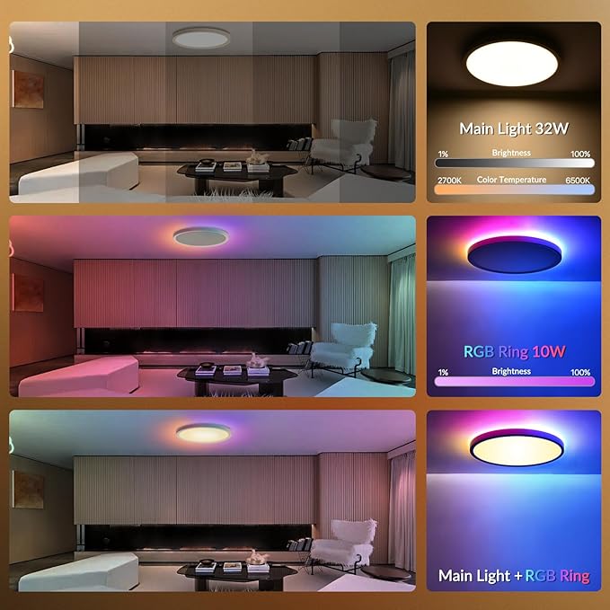 2 Pack 16 Inch Smart RGB LED Ceiling Light with Remote, WiFi Flush Mount Ceiling Light Compatible with Alexa & Google Home, 32W=3200LM Dimmable, DIY Colors, for Bedroom Living Room