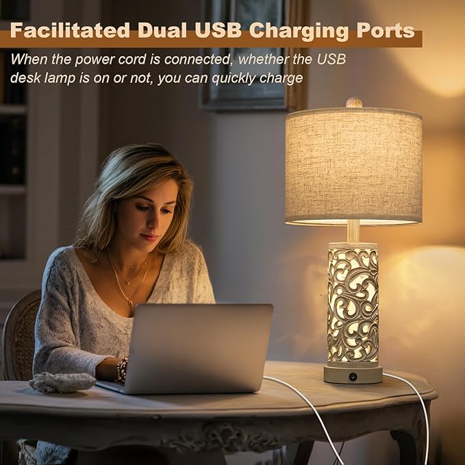 22" Dual Light Table Lamps for Living Room, USB A+C Table Lamp for Bedroom, Farmhouse Lamps for Night Stands with Linen Shade for Home Office(Bulb Included)