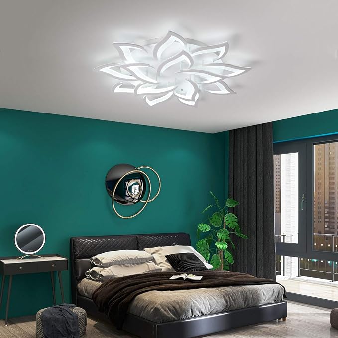 Garwarm 36" Modern LED Low-Profile Flush Mount Ceiling Light, Dimmable | White Acrylic 14-Petal Flower Ceiling Light with Remote, 3000K-6500K, Memory for Large Living Room, Bedroom and Dining Room