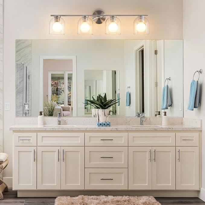 WOSHITU Bathroom Vanity Light Fixtures: 32.3 Inch Modern Brushed Nickel Bathroom Vanity Lights Over Mirror with Clear Glass Shade, 4-Light Bathroom Light Fixture Wall Lights Over Mirror