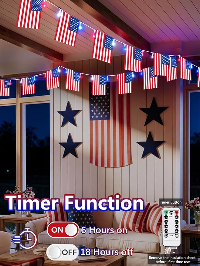 4th of July Lights 2PK Red White and Blue Battery String Lights with Flags | Total 48FT 100 LED wiht 50 American Flags, 8 Modes & Timer, IP44 Waterproof Patriotic Fairy Lights for Independence Day Decor