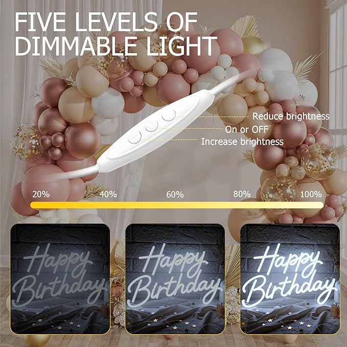 Happy Birthday Neon Sign for Wall Decor, LED Happy Birthday Light Up Sign, Dimmable Happy Birthday Neon Lights for Backdrop All Birthday Party Decoration, USB Powered White