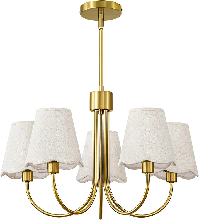 RUIYEY Modern Dining Room Chandelier - 20" 5-Light Gold Chandeliers Light Fixture with Fabric Shades, Height Adjustable Mid-Century Pendant Lighting Over Table for Bedroom Living Room Kitchen Island