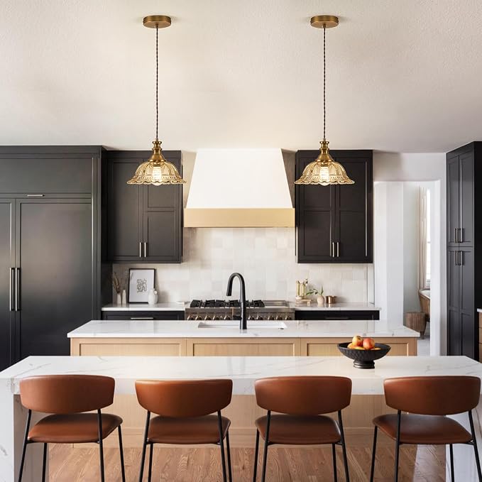 HDDFL Glass Pendant Lights Modern Pendant Lighting Fixtures Hanging Lamp for Kitchen Island Bedroom Dining Room Coffee Shop Hallway Amber and Brass 2 Pack