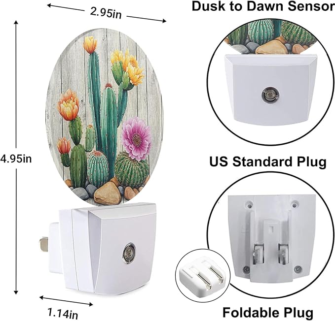 Cactus Night Light Tropical Cacti Desert Green Plant with Flowers on Wooden Blank Night Lights Plug into Wall Auto on/Off LED Lighting for Home Hallway Stairway Kitchen