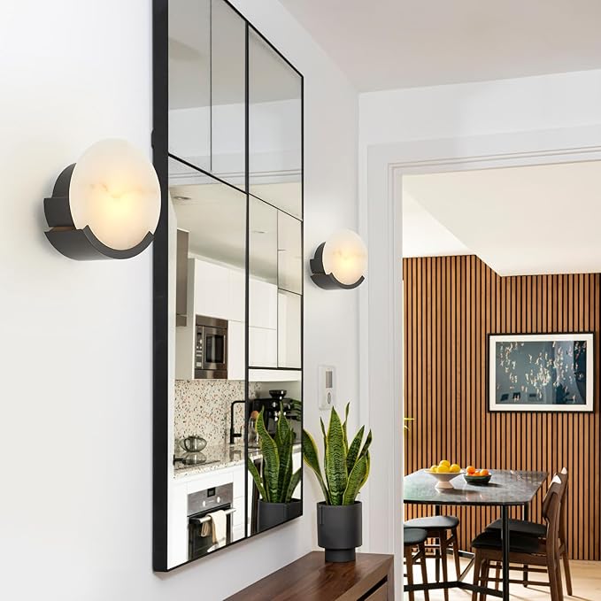 1-Light Black Modern Wall Sconces for Bedroom, Round Sconce Wall Light Fixture for Bathroom, Alabaster Sconce Lighting for Living Room, 1 Pack