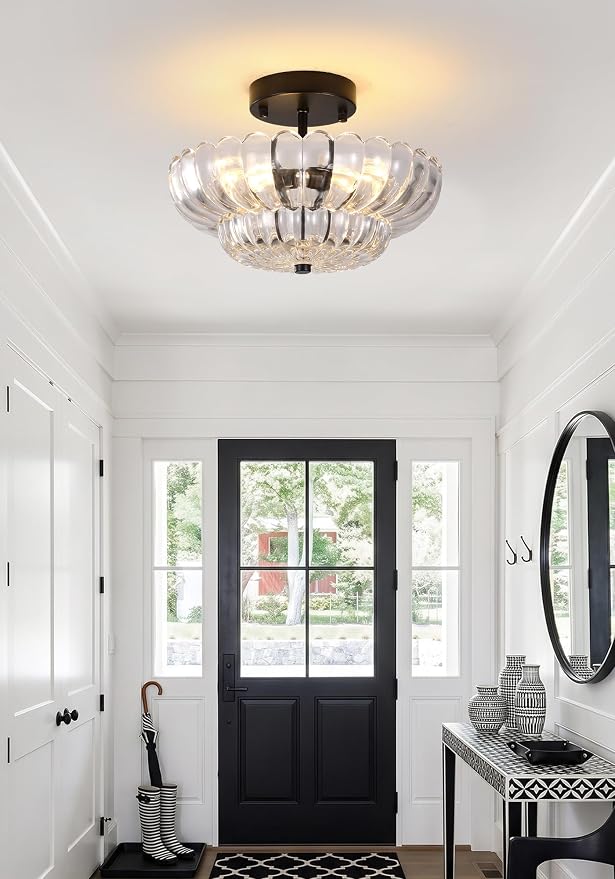 Semi Flush Mount Ceiling Light, Vintage Black Close to Ceiling Light Fixture with Glass Shade, Mid Century Modern Lighting for Bedroom Hallway Kitchen Laundry-Clear