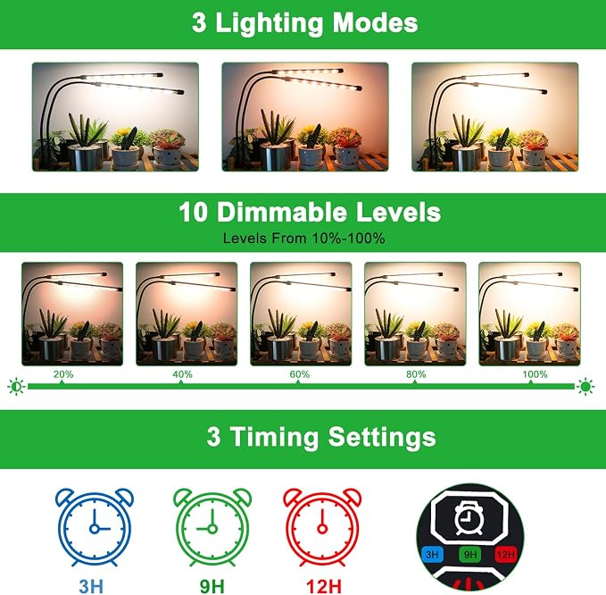 Grow Lights for Indoor Plants, Full Spectrum 2 Head Clip Plant Lights | 320 LEDs Clamp Grow Lamp for Plants Growing,3 Spectra, Auto ON & Off,3/9/12H Timer,10 Brightness,10 Feet Cable, 2 Pack