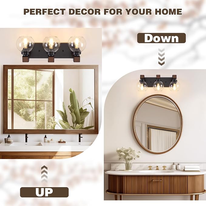 Farmhouse Bathroom Light Fixtures, 3-Light Rustic Wood Bathroom Lights Over Mirror with Glass Globe Shades, Matte Black Wall Mounted Lamp Vanity Lights for Bathroom Bedroom Living Room Cabinet