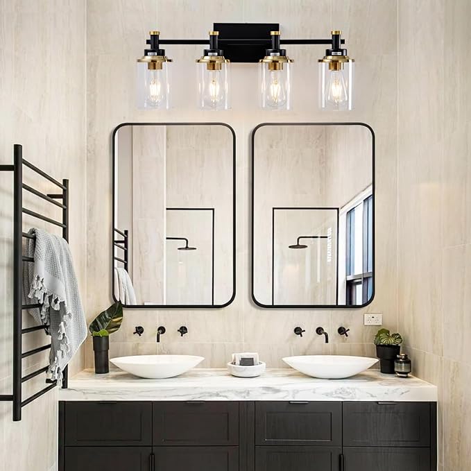 Modern Black & Gold Vanity Lights - 4 Light for Bathroom Over Mirror, Vintage Sconce with Clear Glass Shade