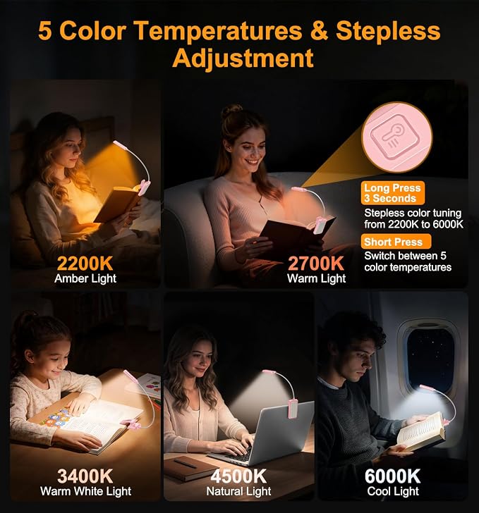 Gritin 2026 Gen 2 Book Light for Reading- 30 Eye Caring Full Spectrum LED | 5 Colors & 5 Brightness, Adjustable Wide/Narrow Beam, Upgrade 1500mAh Long-Lasting Rechargeable Clip on Light-Pink
