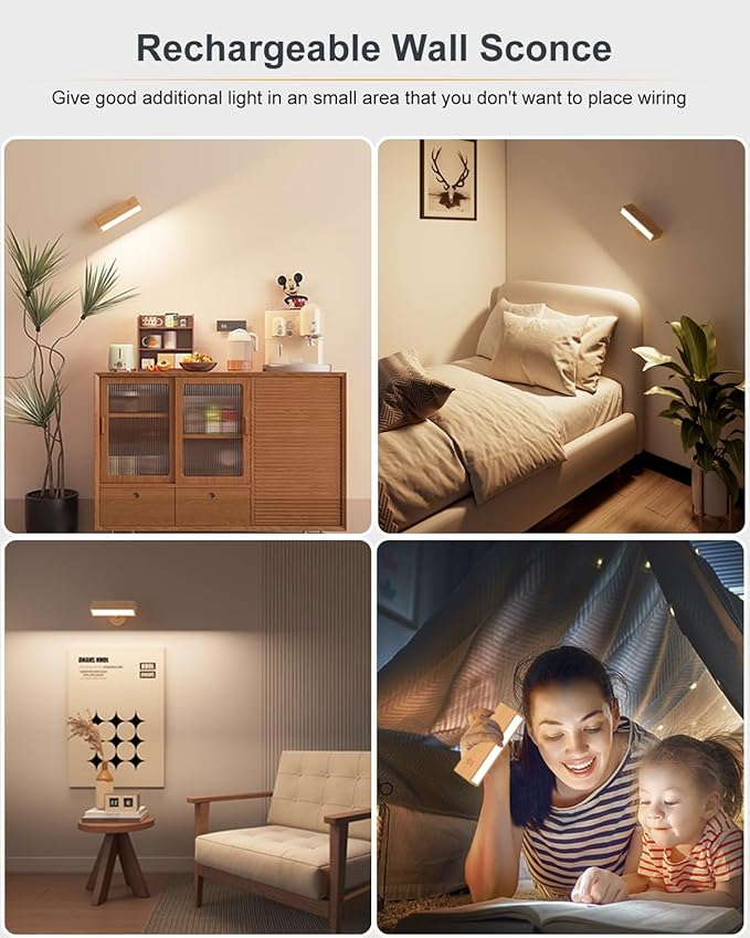 Wooden Wall Sconce Battery Operated with Remote,Rechargeable Wall Lights for Bedroom with 3 Color Temperature, Magnetic, Stick-On, Dimmable Wall Reading Lights (Beech Wood, 2Pack-Remote)