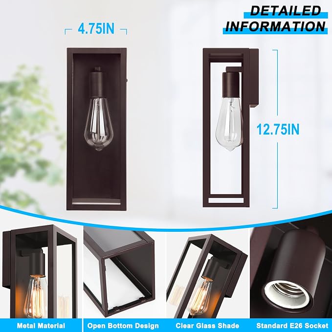 VerRon Outdoor Wall Light Fixtures, Modern Exterior Wall Lanterns, 2-Pack | Oil Rubbed Bronze, Anti-Rust E26 Modern Lighting Fixtures Waterproof with Clear Glass Shades for Patio Garage Front Door