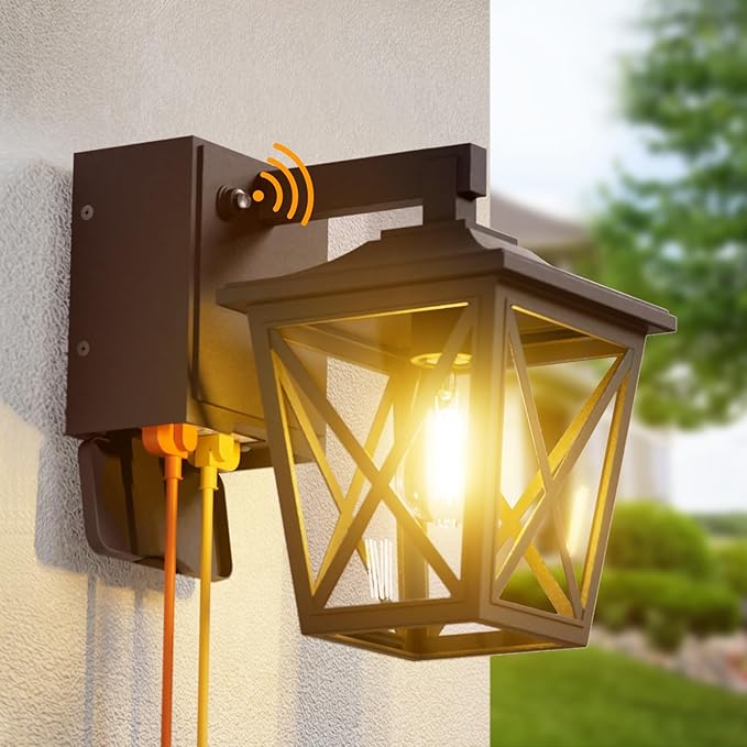 Ehaho Porch Lights with Outlet, Dusk to Dawn Outdoor Light Built-in, Waterproof Anti-Rust Lantern Outside Light with GFCI Outlet, Wall Sconce Light with Plug for Front Door (Brown 1 PC)