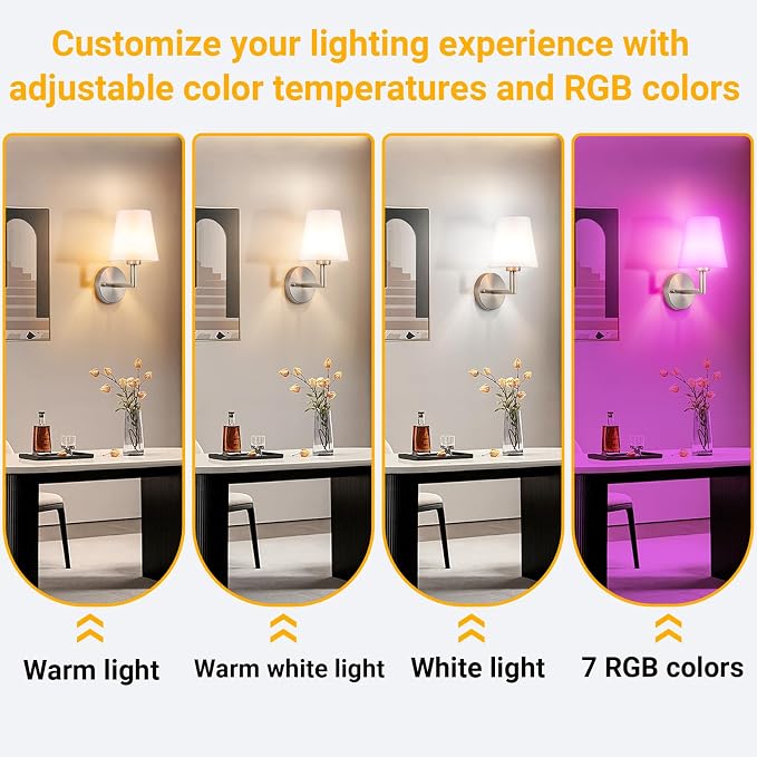 Vimhou Peel and Stick Wall Sconces, Stick On Wall Sconce Set of 2, Battery Operated Wireless Wall Light, No Drill Adhesive Wall Lamp, Corn Bulb with 10000mAh Rechargeable Battery, Bedroom Wall Decor